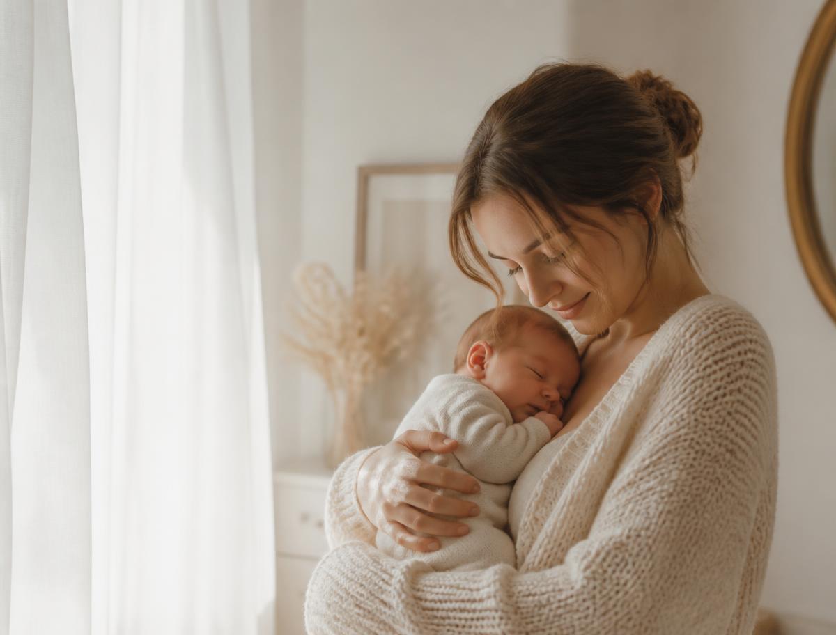 Mother in a cream cardigan holding her newborn beside a sunlit window