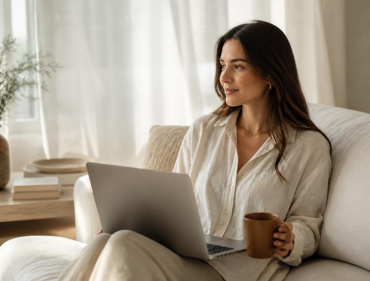 Woman with a laptop and warm mug joining a telehealth visit from her living room