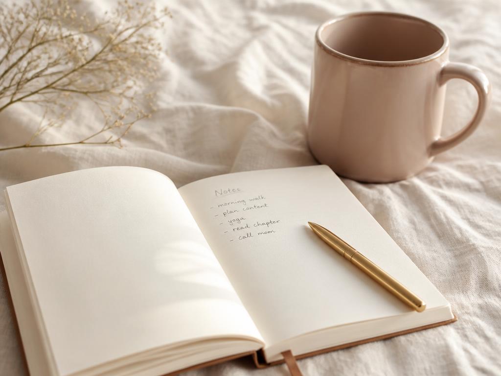 Open notebook and pen beside a blush mug on cream linen