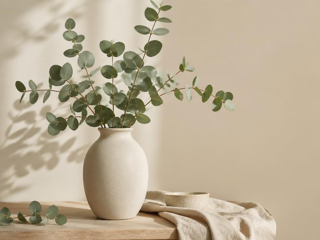 Cream vase with eucalyptus branches against a warm beige wall