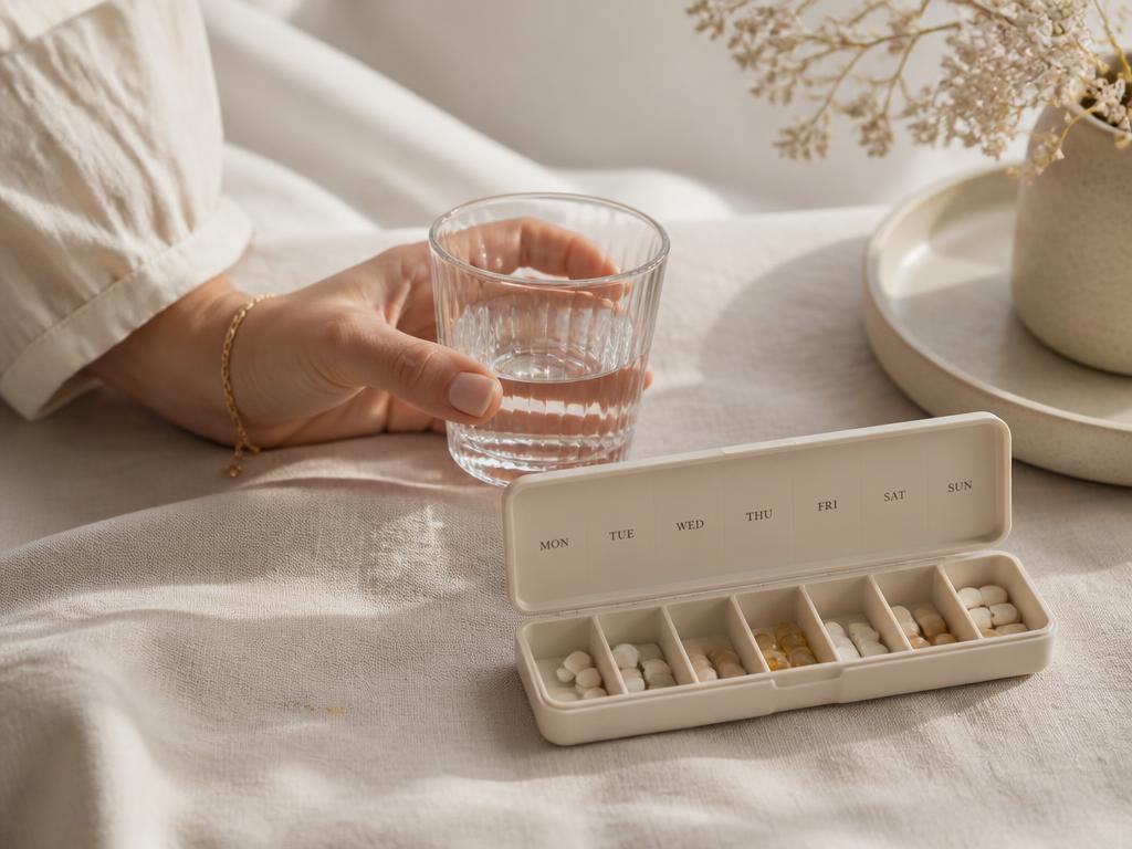 Hand holding a glass of water beside a cream pill organizer