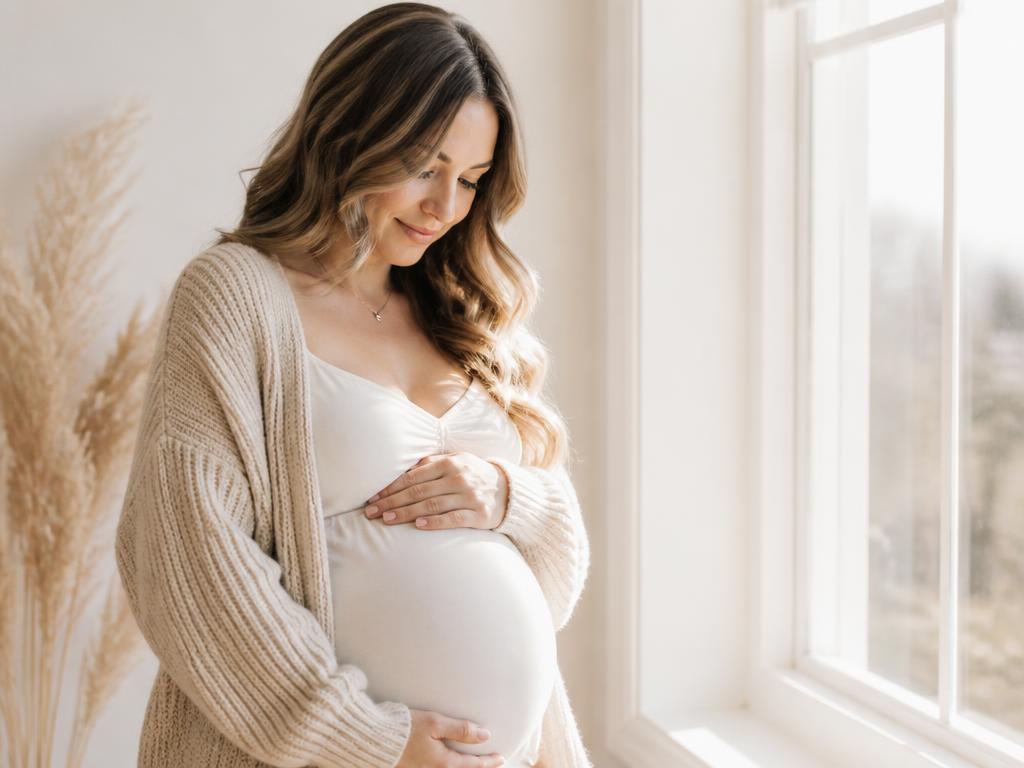 Pregnant woman resting her hands on her baby bump in soft daylight